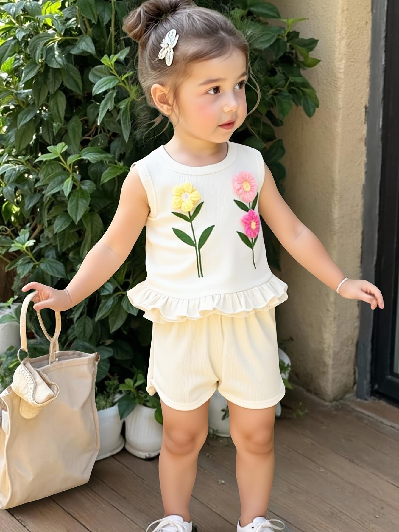 Baby Girl Summer Outfit Short Sleeve Round Neck Striped Top with 3D Flower Embroidery and Solid Color Ruffle Shorts 2Pcs Set 6-9M бежевый