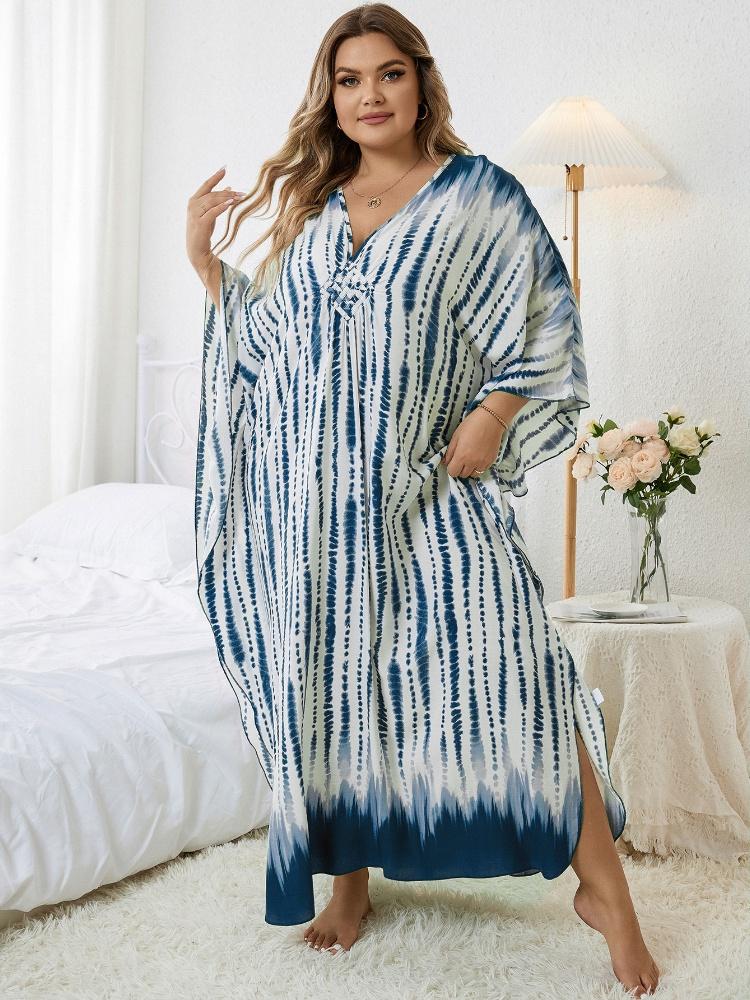 EDOLYNSA Blue Striped Kaftan Bohemian Bat Sleeve Beach Dress Ladies Vacation Bathing Suit Cover Up Summer Wear Homewear Q1523