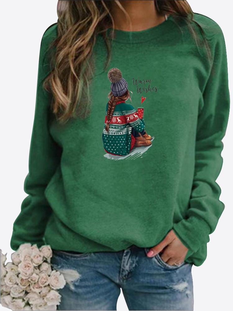Women Autumn and Winter Clothing Christmas Deer Printed Casual Sweatshirt Long Sleeve Tops T-shirt Ladies Round Neck Pullover Blouse