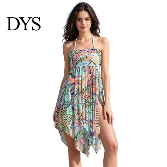 Resort Wear Cover Up Dress Slit Irregular Hem Feather Print Beach Multiway Skirt Breathable Lightweight Sun-Resistant Quick-Drying Swimwear Outerwear