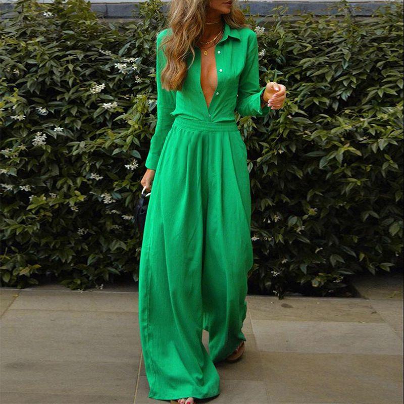 

Casual Pants Two-Piece Set Sexy Cardigan Shirt Casual Loose Wide Leg Pants Two-piece Set Green L