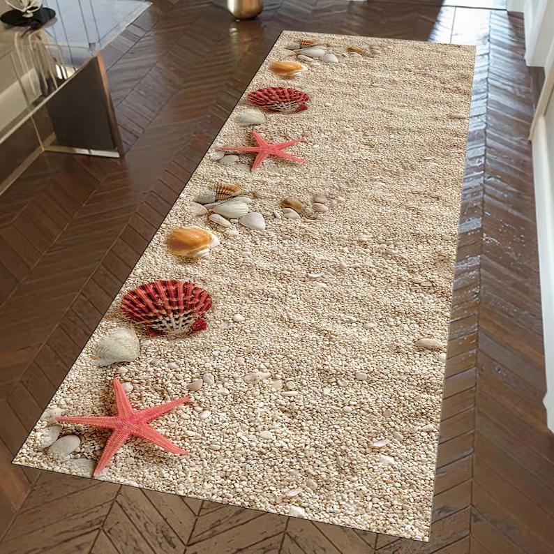 3D Seashell Beach Runner Rug Coastal Hallway Carpet Living Room Bedroom Corridor Home Decoration