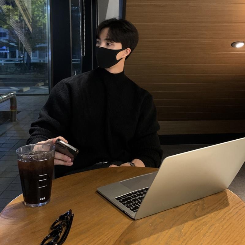 

Зимний мужской свитер с воротником-стойкой, теплый, модный, повседневный, вязаный, мужской, корейский, свободный, с длинным рукавом, мужской свитер, одежда S чёрный