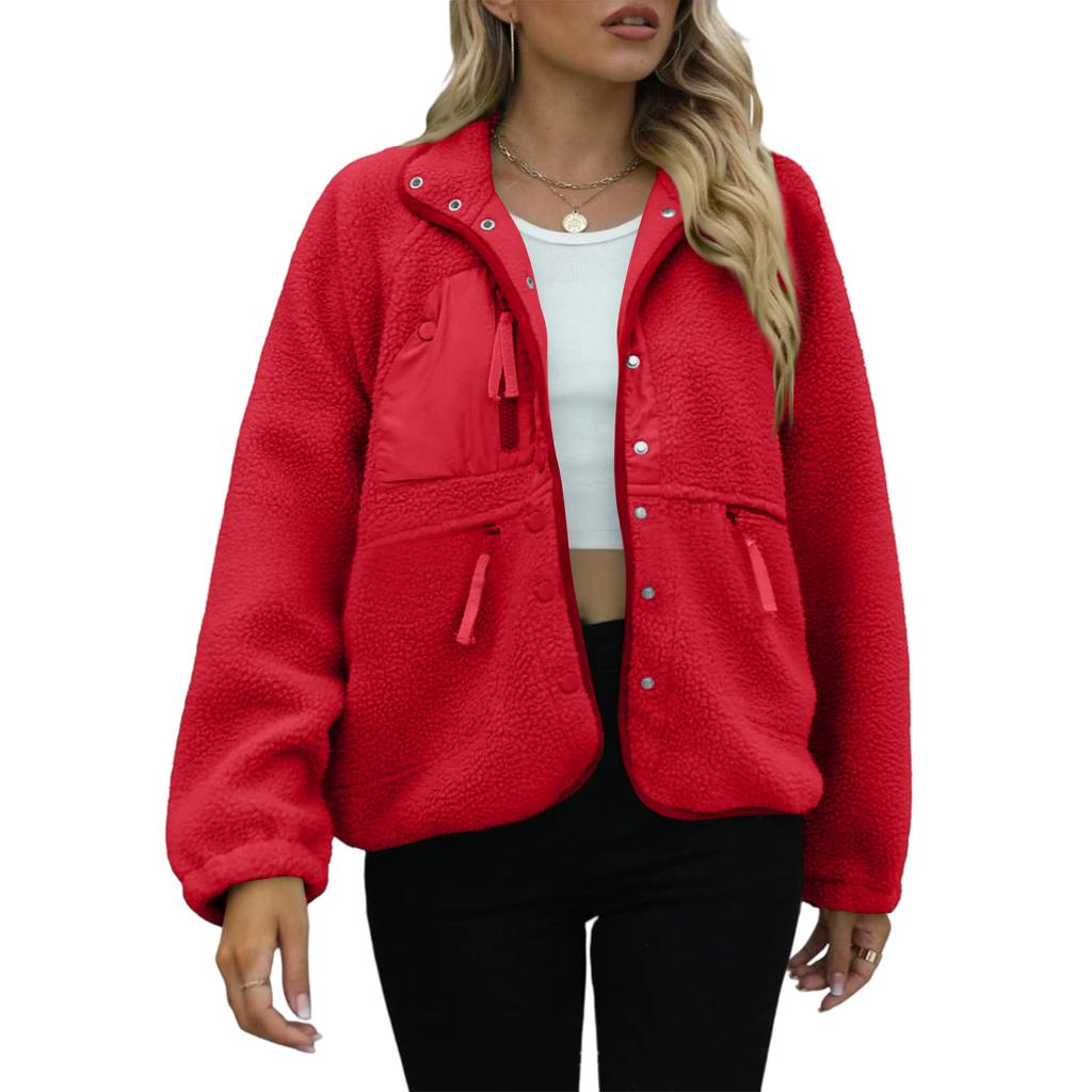 Women's Fashion Casual Stacked Lapel Single Button Fleece Sports Sweatshirt Jacket Outerwear