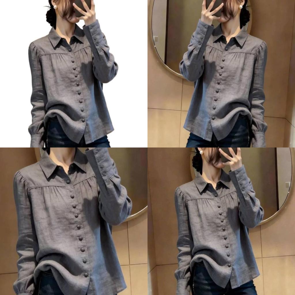 Spring Korean Style Gray Long Sleeve Shirt With 3d Print For Work And Casual Wear