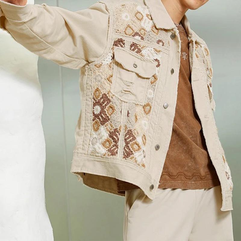 Li Ning Urban Nomad Floral Double Pocket Single Breasted Denim Jacket Men Jacket Oatmeal-Gray AFDSB53-2