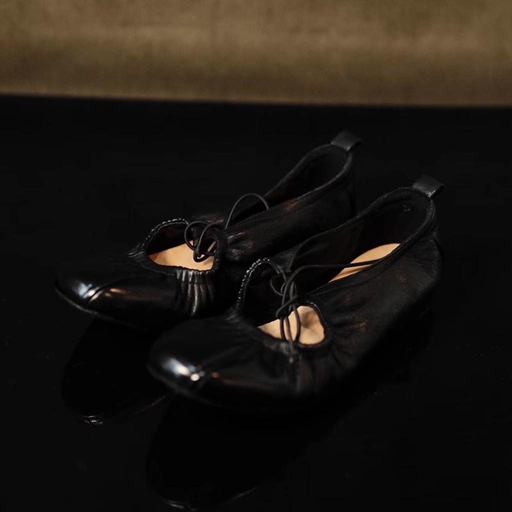 Sheepskin version lace-up bow pleated Mary Jane shoes women's single shoes genuine leather shallow mouth retro flat shoes grandma shoes