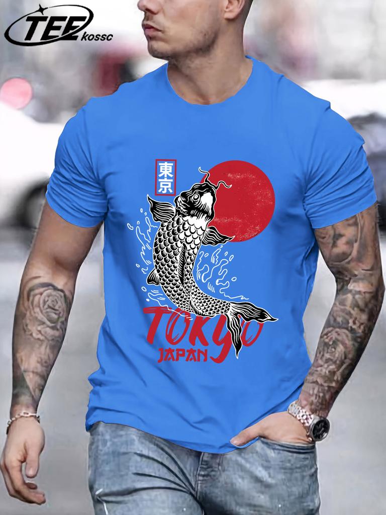 Harajuku Japan Tokyo Sunset Koi T Shirts Men Cotton Summer TShirt Loose Casual Clothes Unisex AllMatch ONeck Short Sleeve