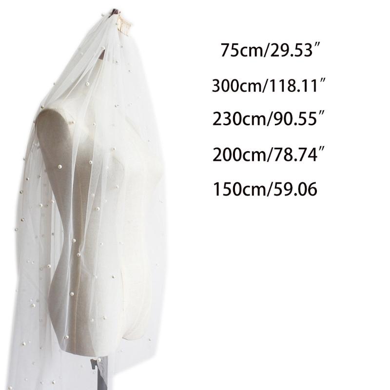 Wedding Bridal Veil with Comb One Layer Pearls Adornment Cut Edge Elbow/Fingertip/Cathedral Length Tulle Sheer Veils