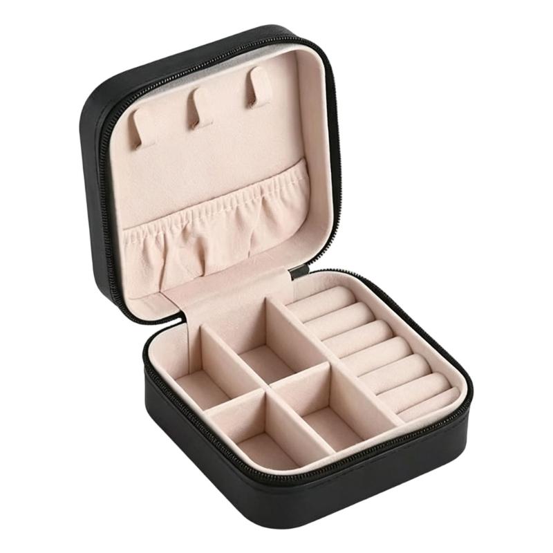 Zippered Leather-Material Jewelry Storage Case with Lid Hooks, Interior Pocket, Ring Rolls, and Removable Dividers