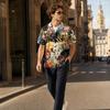 Men’s Short Sleeve Cotton Linen Shirt with Animal and Botanical Print Casual Collared Button Down Top for Spring and Summer