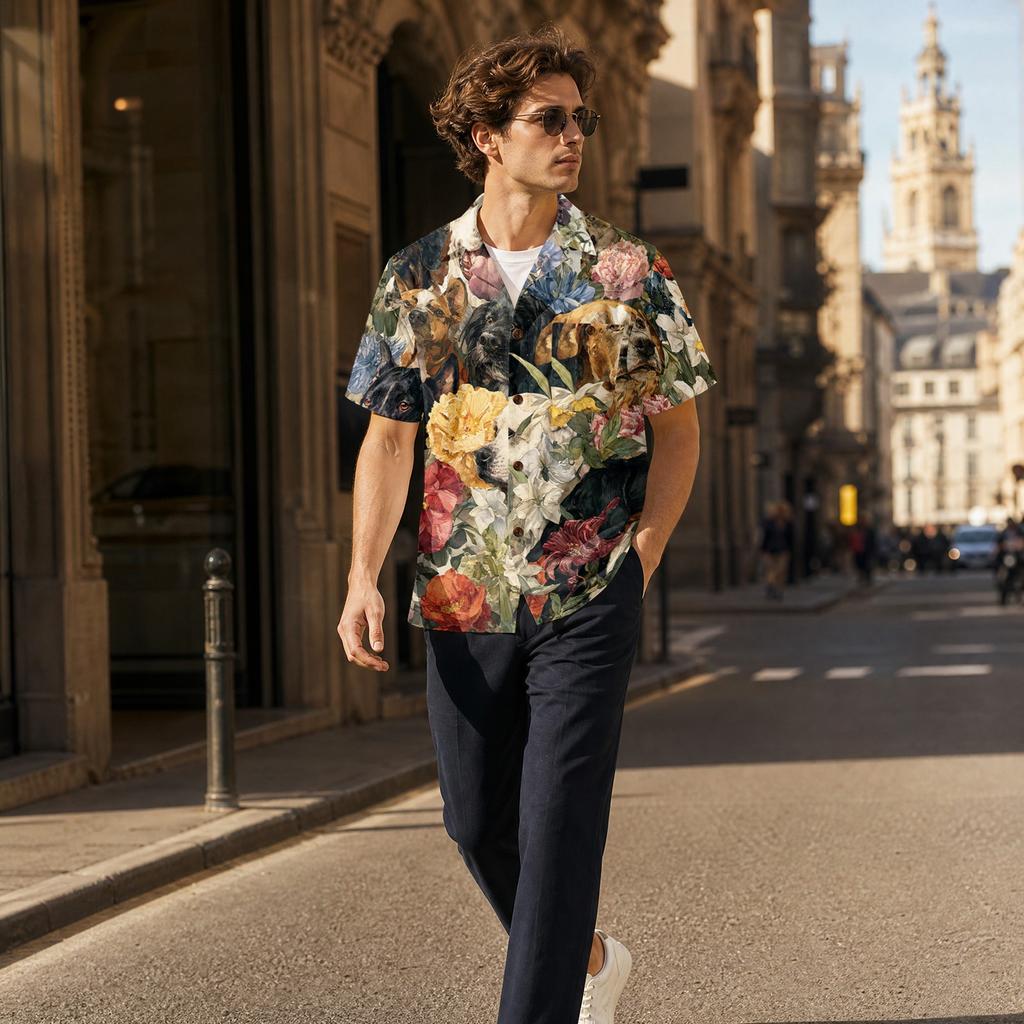 Men’s Short Sleeve Cotton Linen Shirt with Animal and Botanical Print Casual Collared Button Down Top for Spring and Summer