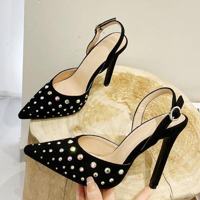 New Glitter Rhinestones Women Pumps Sexy Crystal Pointed Toe Stiletto Heels Back Buckle Strap Spring Shoes Sandals