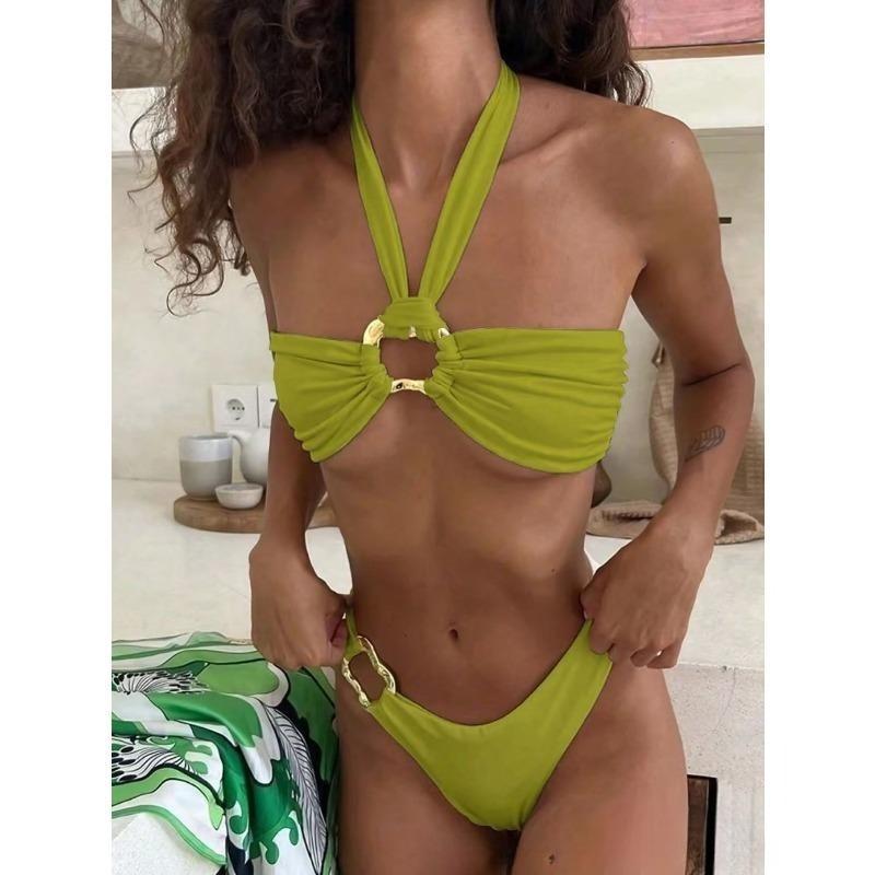 Sexy Neck-buckle, Irregularly Cut, Backless, Plunging Top Swimming Suit for Women In A Two-piece Set