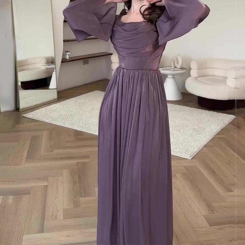 2025 Spring European & American Women's Square Neck Ruffled Slim High-Waist Dress