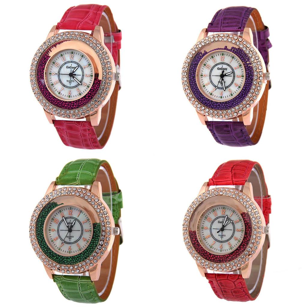 Fashionable Women's Quartz Watch With Rhinestones And Faux Leather Strap