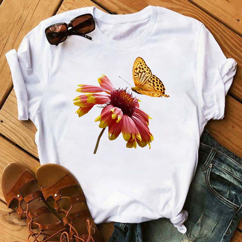 Women Flower Butterfly Fashion Print T Shirt Casual Short Sleeve Ladies T Tee Female Top Shirt Clothes Womens Graphic T-shirt