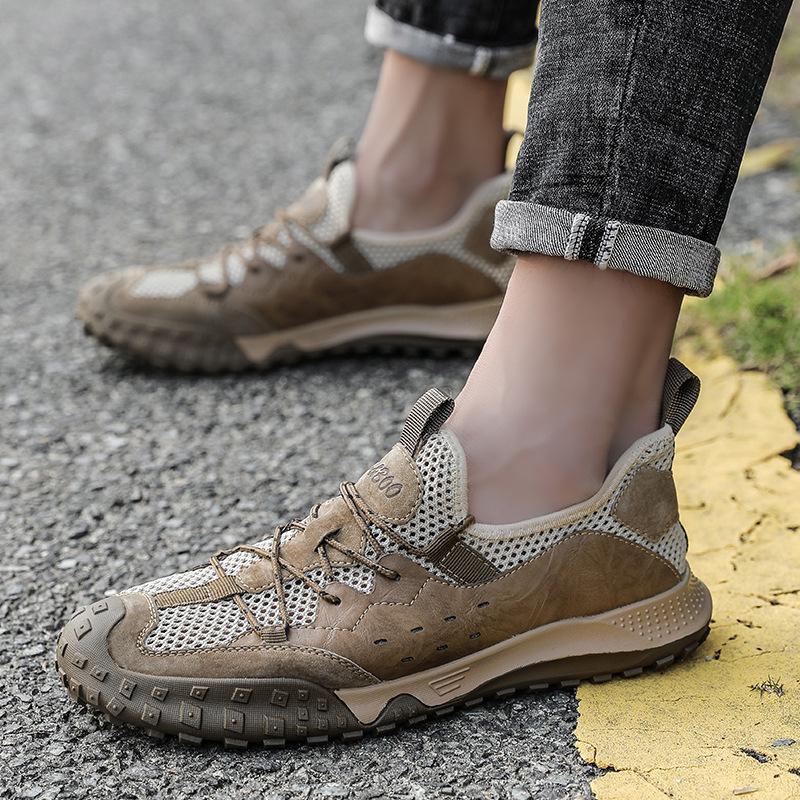 Summer new Korean version hollow mesh shoes men's breathable pigskin outdoor casual shoes men's lace-up mesh shoes