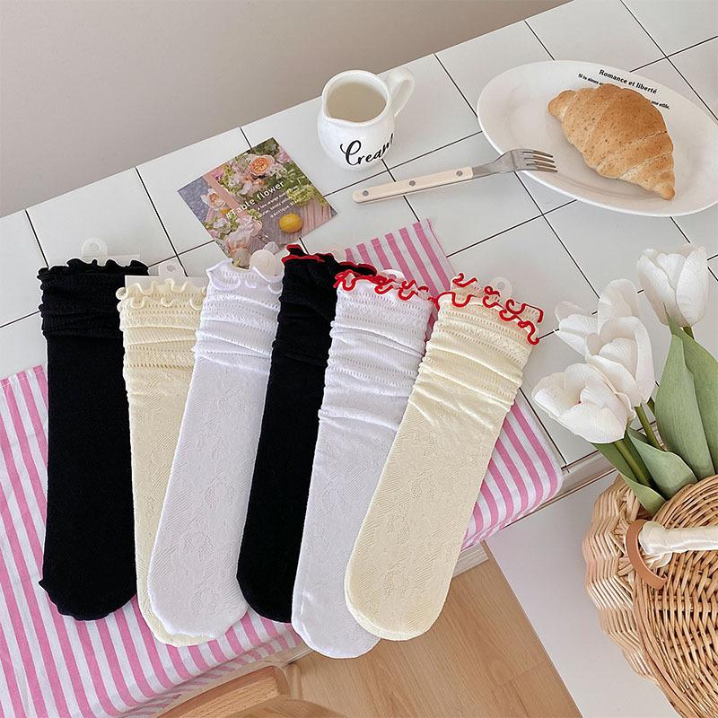 Women's Summer Thin Lace Flower Perforated Mesh Mid-calf Socks with Black Fungus Edges. Women's Pile Socks