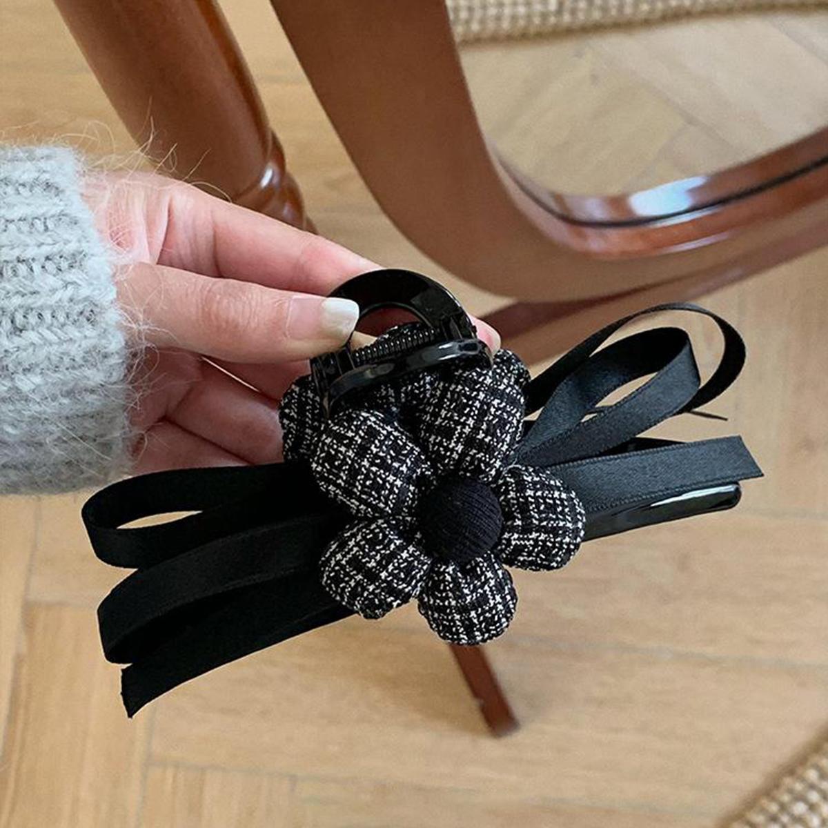 

1 шт. Корейская винтажная ткань «гусиная лапка», заколка-краб с бантом в виде пятилепесткового цветка, элегантная заколка-парикмахерская для пучка на затылке, большая заколка-акула