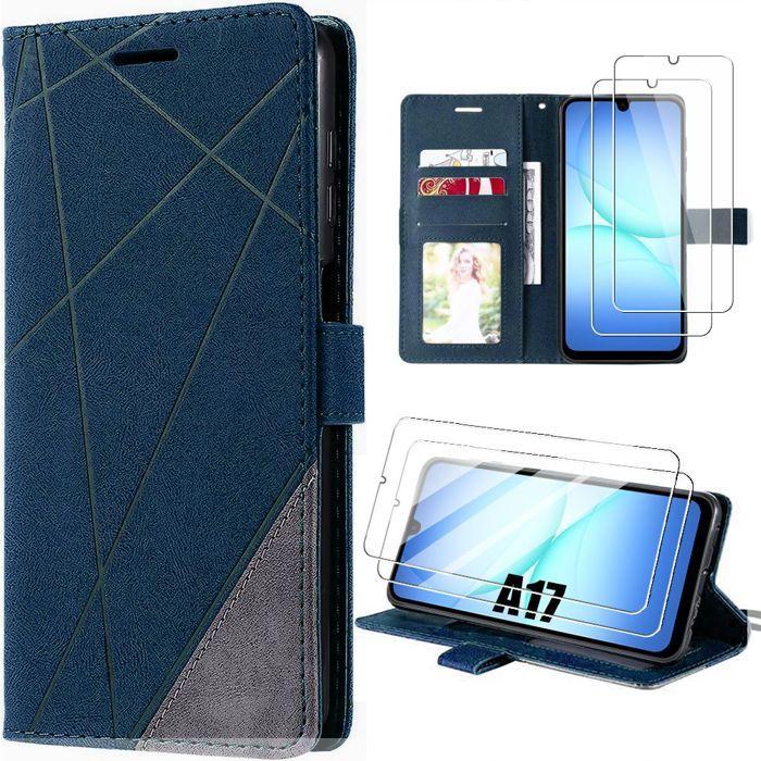 Coque de Protection - BOOLING - pour Samsung Galaxy A17 5G/4G - Effet Cuir Bleu Marine - 2 Verres Trempés