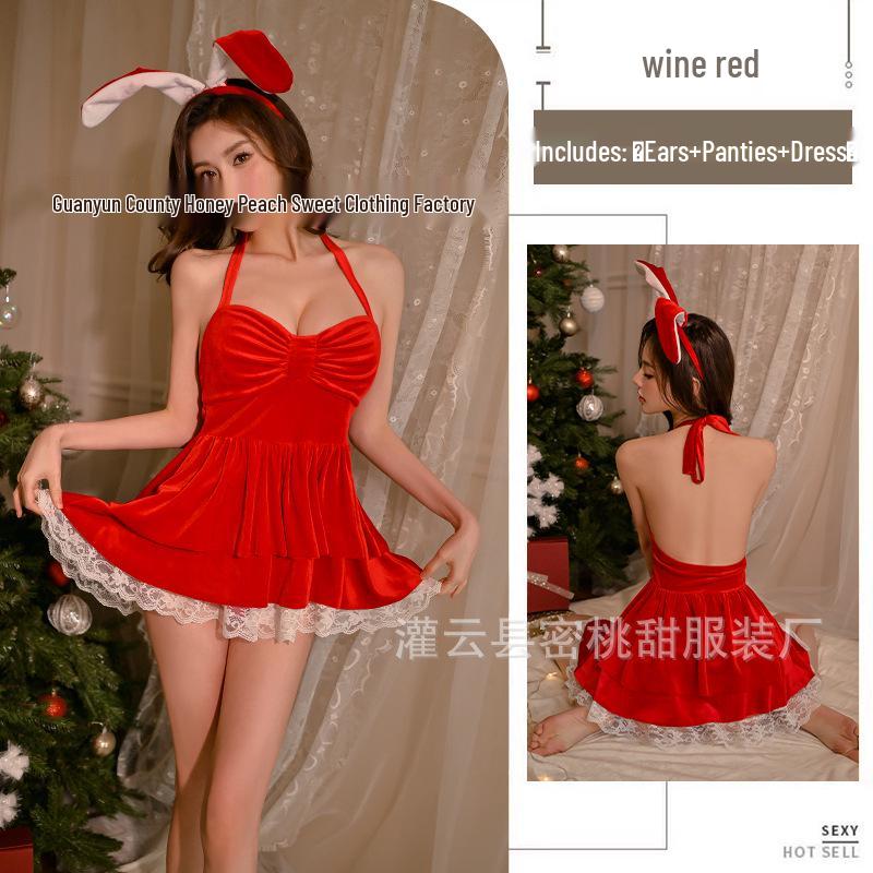 Sexy Red Lace Halterneck Christmas Dress & New Year's Nightgown