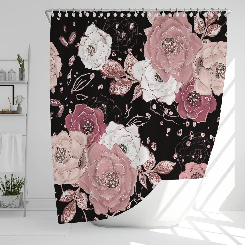 1 Pcs nordic beautiful flowers waterproof shower curtain, rose flower bathroom decoration curtain, with plastic hooks