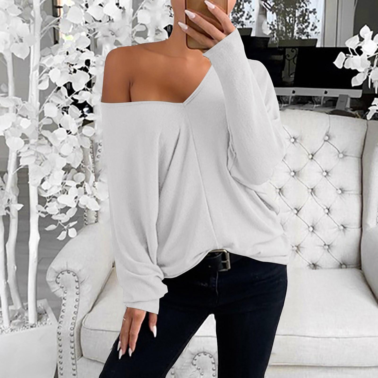 

Женская мода, свободная футболка с длинными рукавами и большим v-образным вырезом со сложенными плечами XL белый