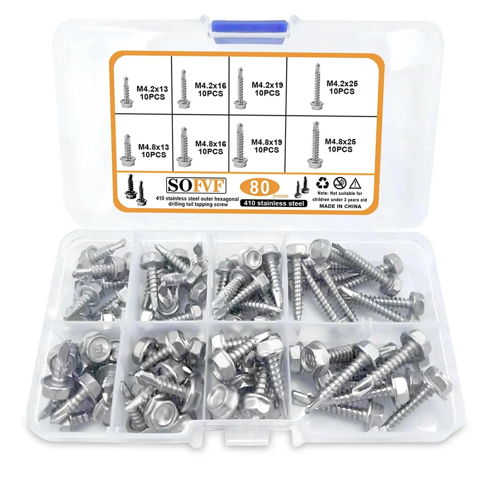 

80 шт. саморезов с шестигранной головкой и шайбами, пластина из нержавеющей стали 410, винты Tek, со сверлами на конце, шестигранный привод