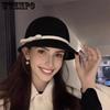 Black & Beige Solid Color Adjustable Bow Elegant Bucket Hats Women's Autumn Winter Retro Top Hats Festive Party Formal Hats