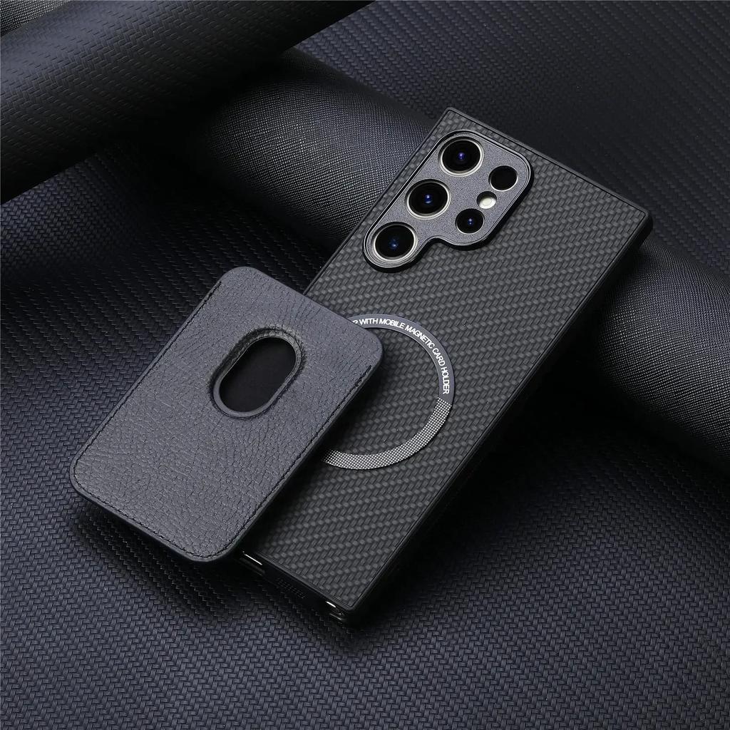 Magnetic Card Holder Phone Case for Samsung Galaxy S25 Ultra S24 Plus S23 S22 S21 FE S20 Carbon Fiber Texture Detachable Cover