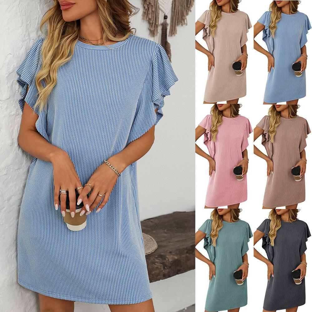 Vestidos Midi de Verão para Mulheres com Cores Contrastantes, Listras Torcidas e Manga com Babados
