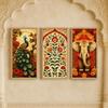 Livin'luxe Set of 3 Vintage Peacock Floral Elephant Wall Paintings with Sparkle Laminate, Premium Wooden Synthetic Frame, Indian Heritage Art