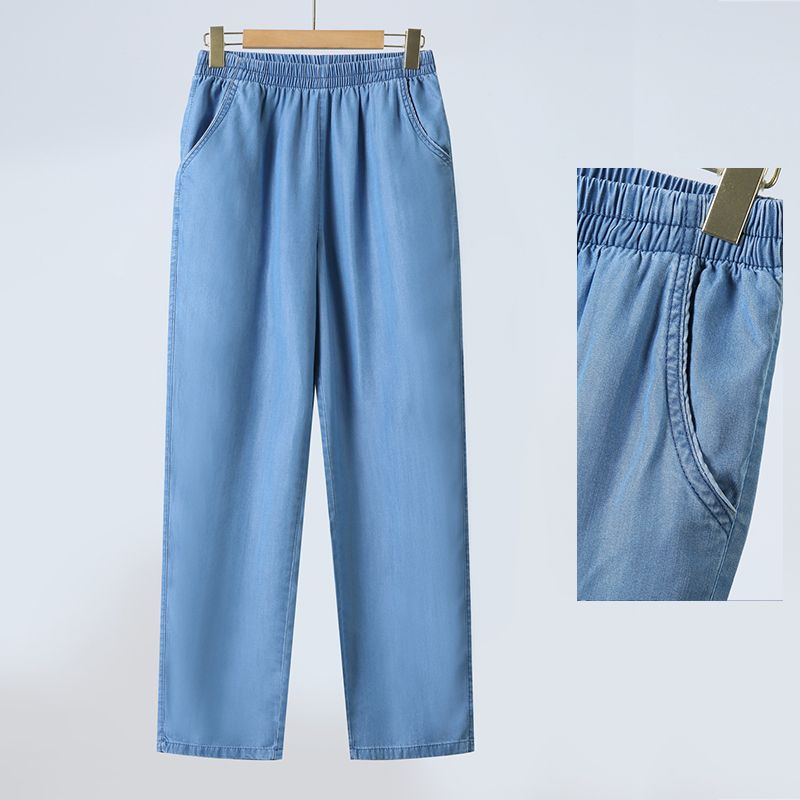 

Женская одежда для среднего возраста Весенне-летние тонкие джинсы из лиоцелла Брюки для женщин среднего и пожилого возраста С высокой талией Прямые штанины Хлопок ICE Повседневные длинные брюки Light Blue 5XL