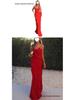 European-American Backless Spaghetti Strap Wave Slim-Fit Slit Maxi Dress