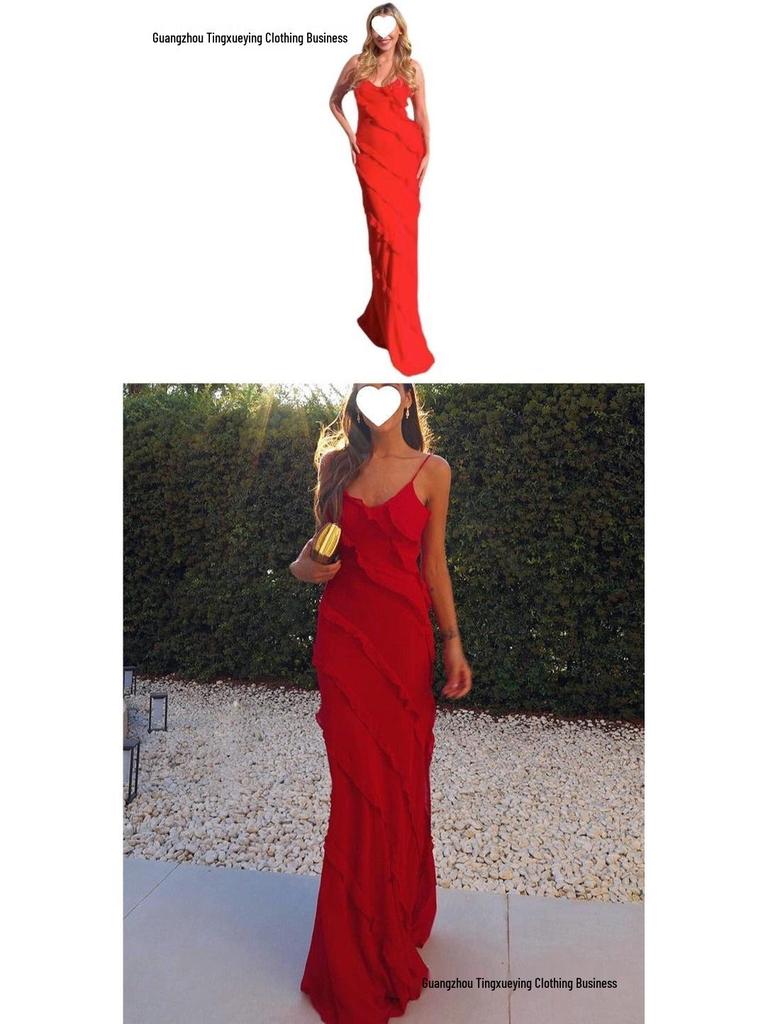 European-American Backless Spaghetti Strap Wave Slim-Fit Slit Maxi Dress