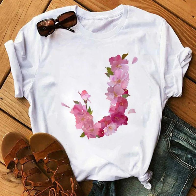 26 Letters Print T-Shirt Alphabet with Pink Flower Harajuku White Graphic Tee Casual Short Sleeve Lady Y2k Tops Women's Clothing
