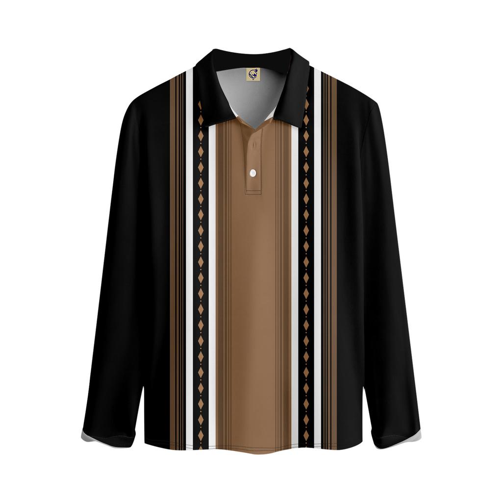 Herren-Revers-Langarm-bedrucktes Freizeit-Oberteil, lockeres Sport-Revers-Hemd