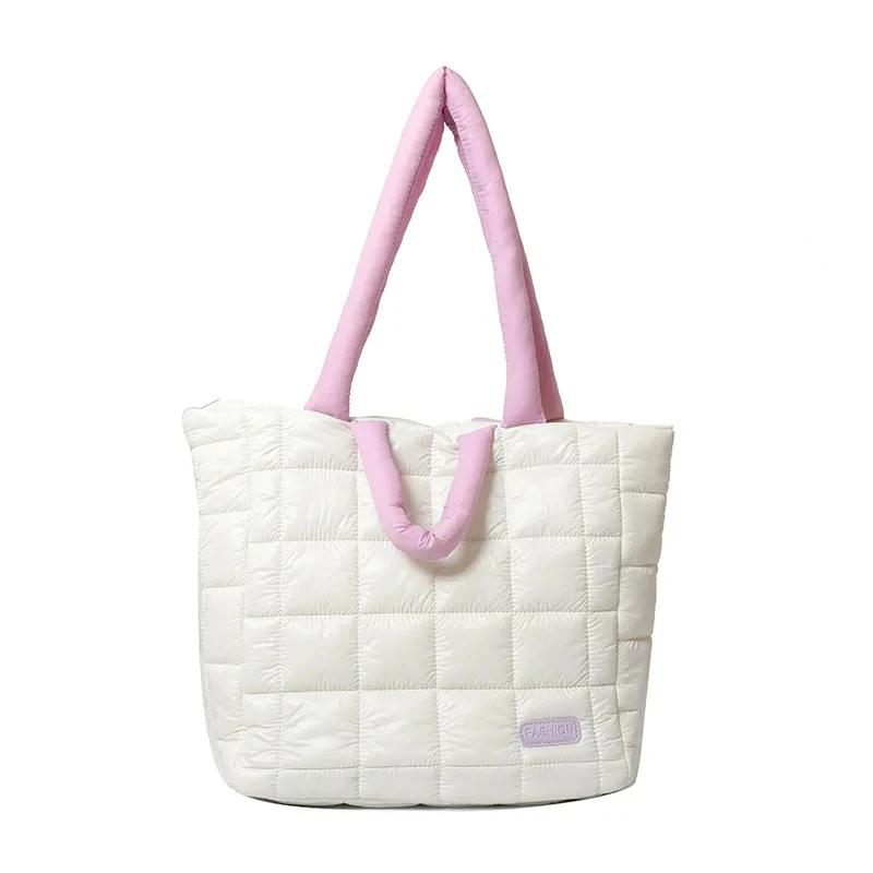 

Puffy Shoulder Bag Women Quilted Space Cotton Down Feather Padded Large Capacity Handbag Winter Shopping Tote Bolsas бежевий