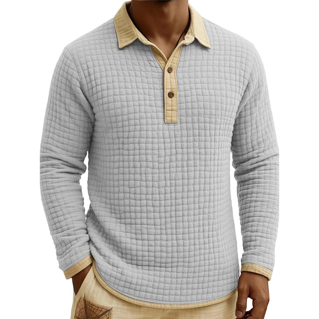 Men's Quilted Knit Color,blocked Pullover Button,down Top