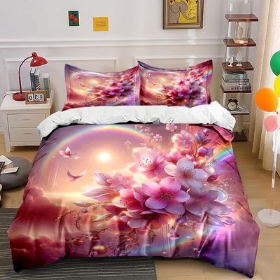 Dreamlike Sakura With Vibrant Rainbow Duvet Cover Set With 3D Printing Design Soft Polyester Bedding Set All-Season Comfort