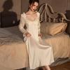 Sexy pajamas women's ice silk French style with chest pad silk long-sleeved princess style nightdress long dress pure loungewear