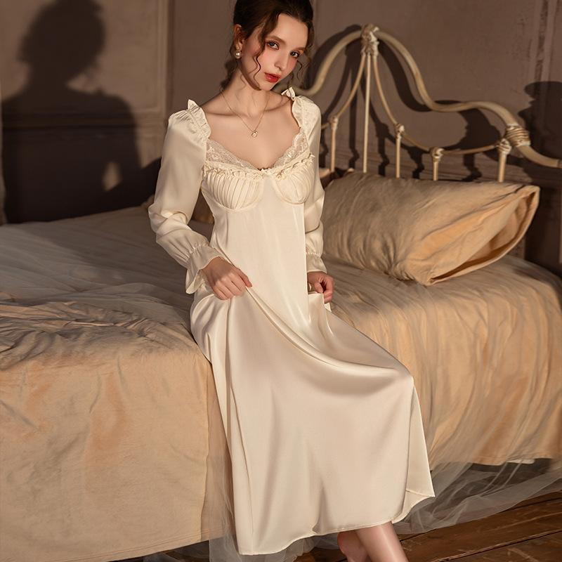 Sexy pajamas women's ice silk French style with chest pad silk long-sleeved princess style nightdress long dress pure loungewear