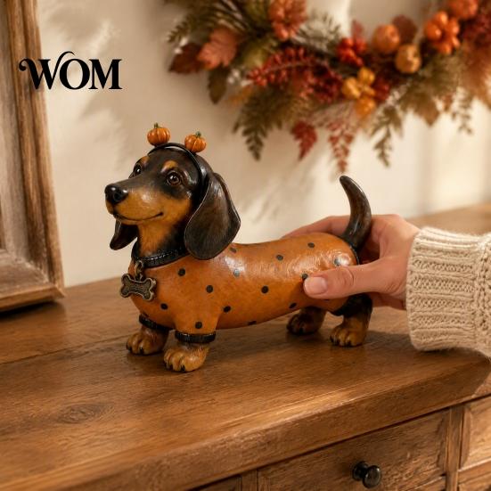 Whimsical Autumn Room Accessories Fall Harvest Dachshund Figurine, Halloween Statue with Pumpkin Headband Polka Small Ornament for Fireplace