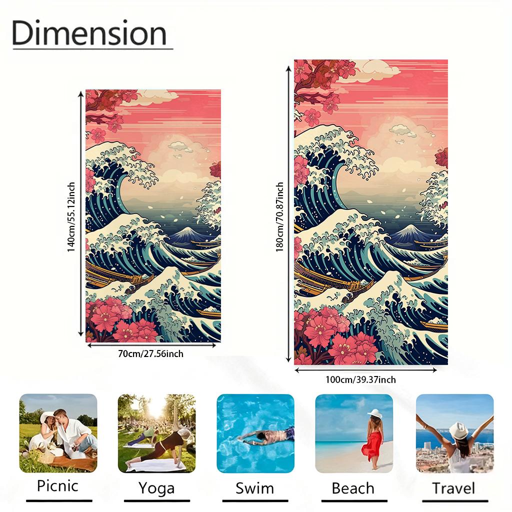 Japanese Ukiyo-E Style Beach Towel Wave Floral Design Large Towel Super Absorbent Suitable For Beach Pool Summer Gift For Friend
