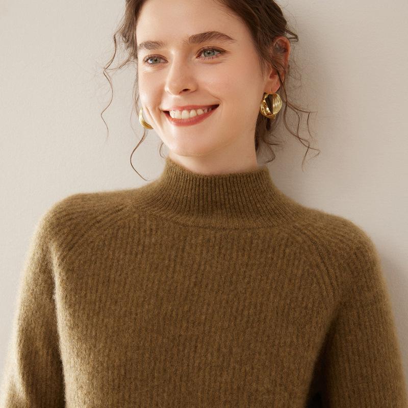 2024 Women's Autumn/Winter High Neck Seven-Needle Ribbed Cashmere Raglan Sweater