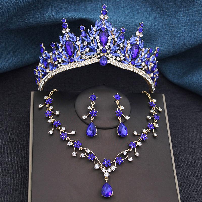 3Pcs Princess Crown Bridal Jewelry Sets for Women Tiaras and Flower Choker Necklace Earrings Wedding Dress Bride Jewelry Set
