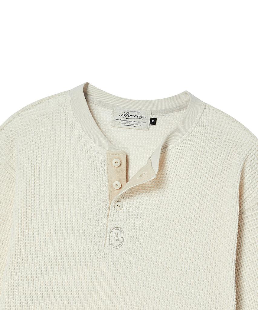BEYOND CLOSET [Collection Line] Washed Cotton Waffle Henley Neck T-Shirt Ivory