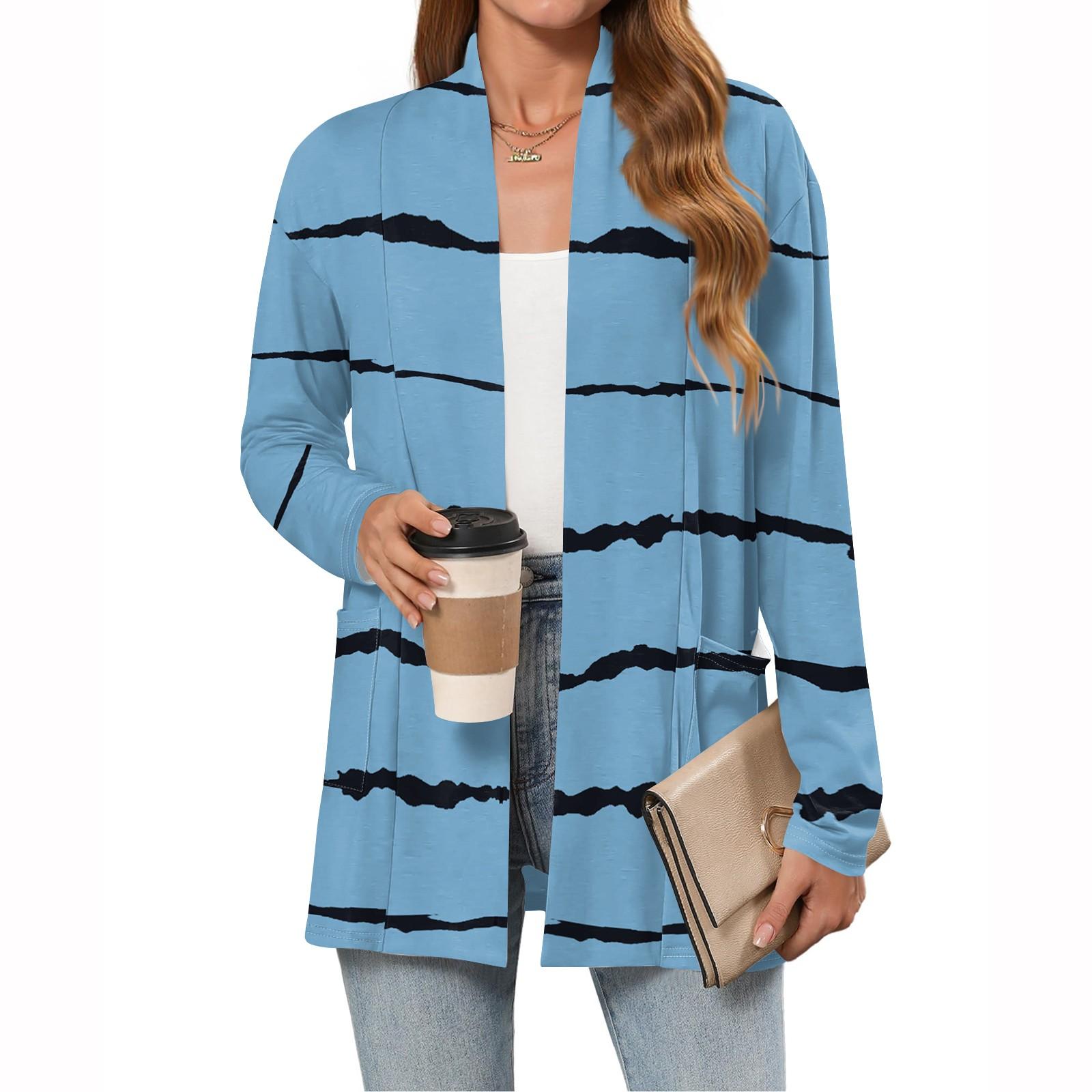 

Женские легкие кардиганы с открытой передней частью, с длинными рукавами, повседневные, свободные, тонкие кардиганы с карманами XL небесно-голубой