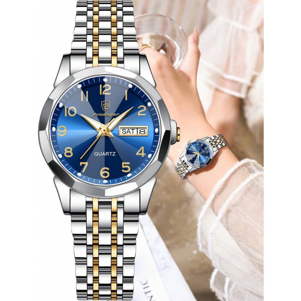 POEDAGAR Montre-bracelet étanche lumineuse à date en acier inoxydable pour femme, Montres tendance pour dames, Cadeaux pour femmes
